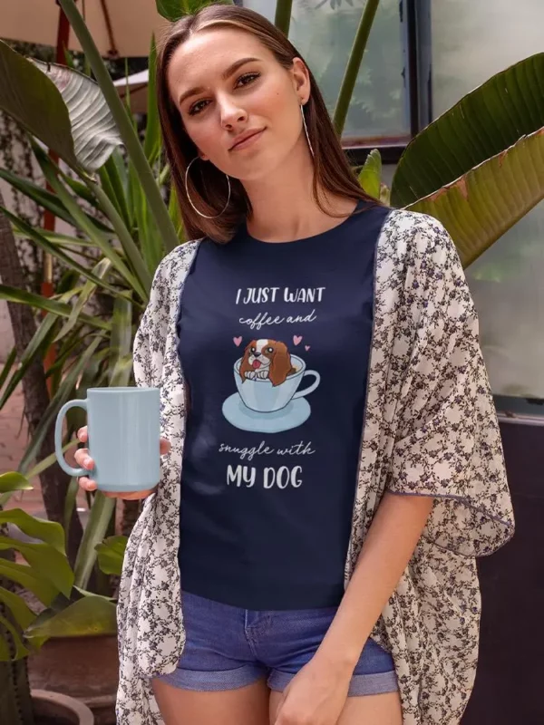 Coffee and Snuggles with My Dog T-Shirt - SmartPrintsInk Designs - 100% Cotton Women's T-Shirt - Perfect for Dog Lovers and Coffee Enthusiasts