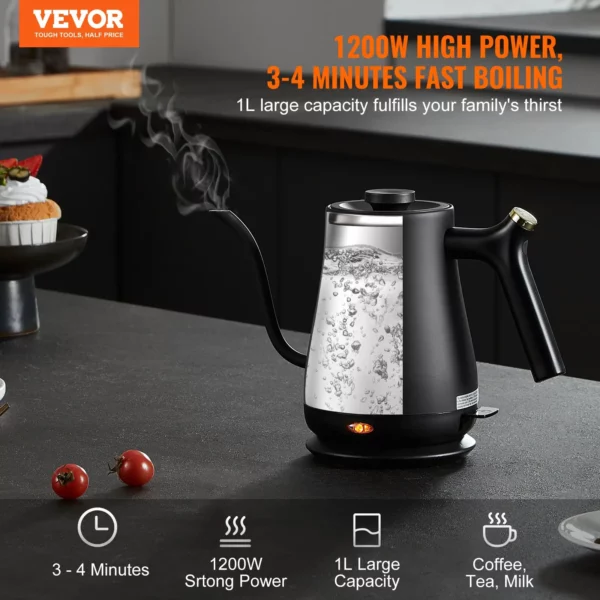 VEVOR 1L Electric Gooseneck Kettle - Fast Heating, Pour Over Coffee and Tea Kettle