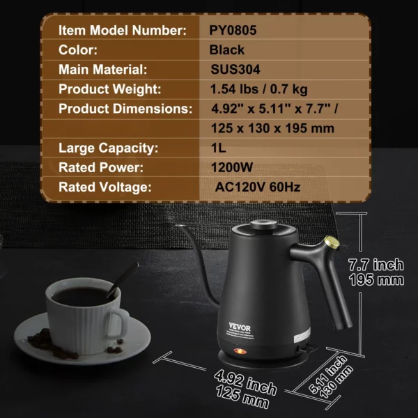 VEVOR 1L Electric Gooseneck Kettle - Fast Heating, Pour Over Coffee and Tea Kettle - Image 6