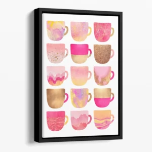 Pretty Pink Coffee Cups Floating Framed Canvas - Modern Abstract Wall Art in Elegant Frames