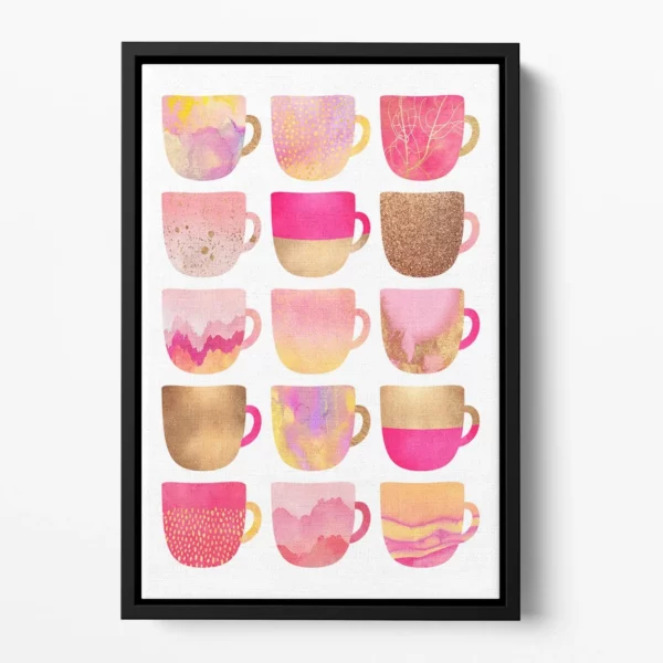 Pretty Pink Coffee Cups Floating Framed Canvas - Modern Abstract Wall Art in Elegant Frames - Image 3