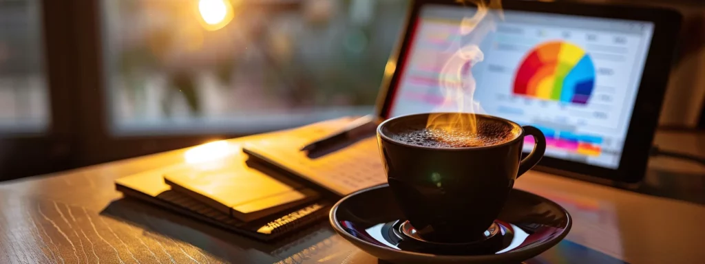 a close-up shot of a steaming cup of dark roast coffee placed on a sleek office desk, surrounded by vibrant, color-coded notebooks and a digital tablet displaying a caffeine content chart, illuminated by the warm glow of a desk lamp.
