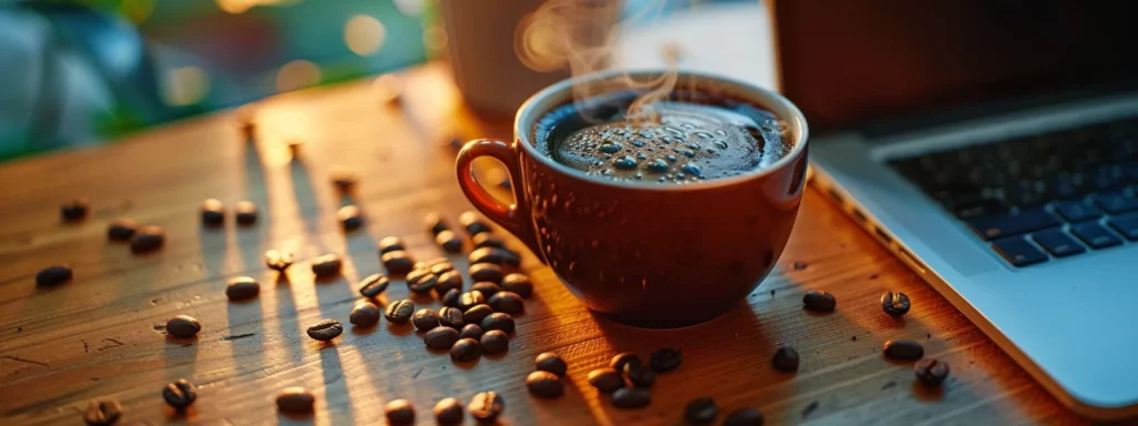 a close-up view of a steaming cup of dark roasted coffee sitting on a polished wooden desk, with an open laptop and scattered coffee beans nearby, emphasizing the rich aroma and energy associated with caffeine.