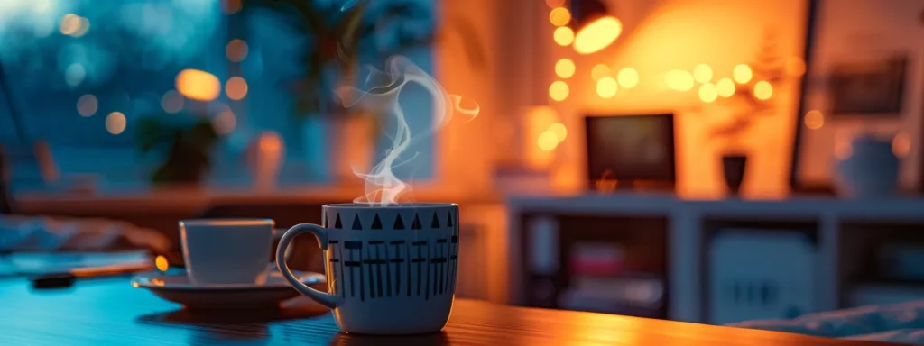 a cozy, modern office setting features a steaming mug of coffee positioned on a sleek desk, with soft lighting illuminating a backdrop of motivational wall art, conveying a sense of productivity and well-being.