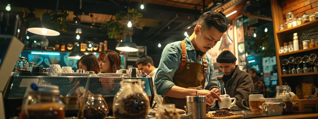 a dynamic barista competition takes center stage in a bustling urban coffee shop, showcasing baristas passionately crafting innovative beverages while receiving enthusiastic feedback from judges and onlookers.
