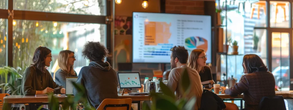 a dynamic coffee shop scene captures engaged patrons discussing vibrant infographics on caffeine myths and facts, with bold visuals illustrating caffeine sensitivity and heart rate effects prominently displayed on a large screen in the background.