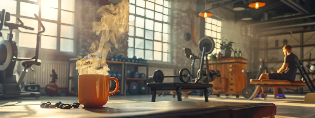 a dynamic indoor fitness studio captures an athlete powering through a high-intensity workout, fueled by a steaming cup of coffee on a nearby bench, highlighting the energizing influence of caffeine on physical performance.