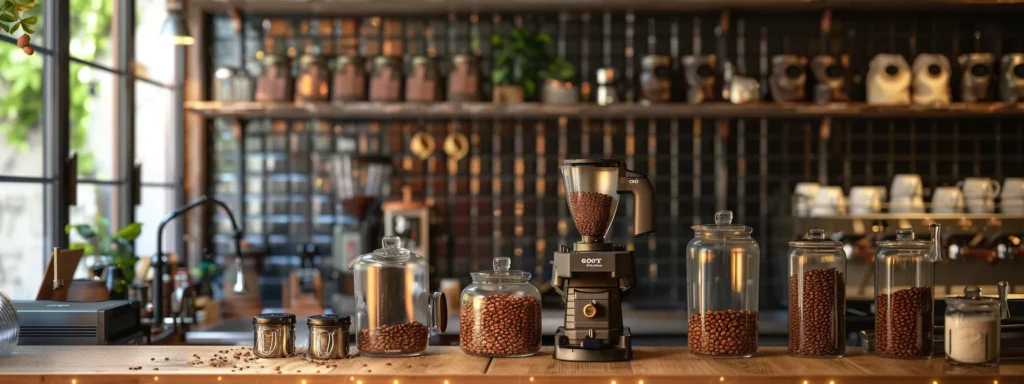a meticulously styled coffee shop interior showcases an elegantly arranged french press surrounded by rich coffee beans and brewing accessories, emphasizing the robust flavors and health benefits of coffee in a warm, inviting atmosphere.