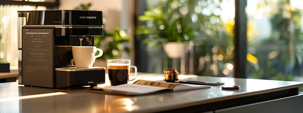 a modern office setting features a sleek coffee machine on a polished countertop, with a steaming cup of coffee placed beside a stack of health reports, reflecting the dual insights of caffeine's energy-boosting effects and the caution advised during pregnancy.