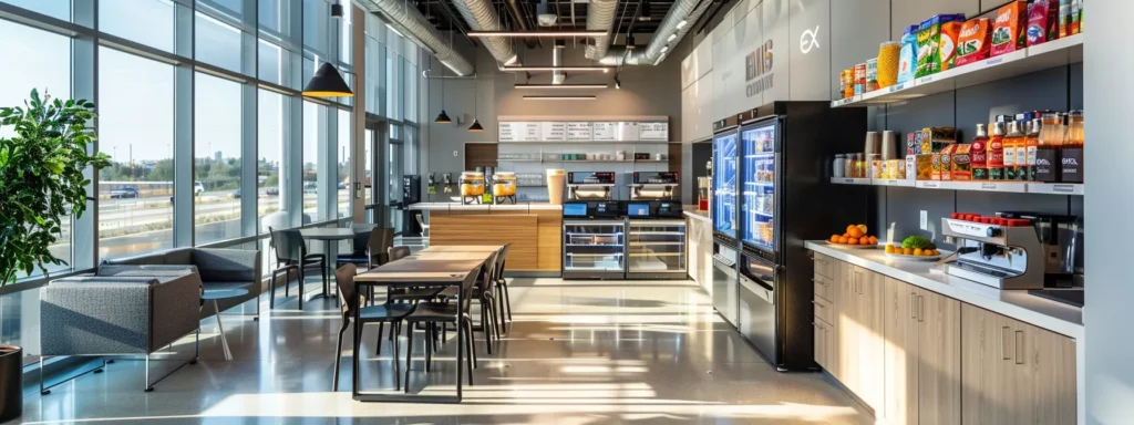 a modern office workspace features a sleek coffee station, complete with various caffeine options, alongside a balanced array of healthy snacks, encapsulating the theme of integrating caffeine thoughtfully into a productive daily routine.