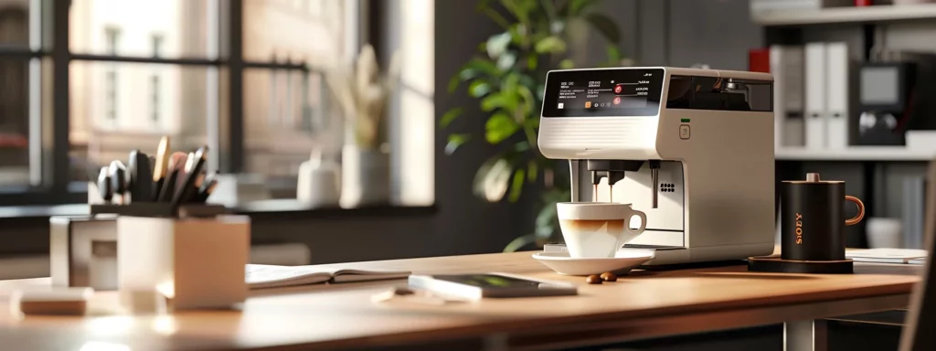 a modern office workspace features a sleek, high-end coffee machine with a steaming cup of rich espresso, surrounded by organizational tools and a digital display showcasing caffeine content information.
