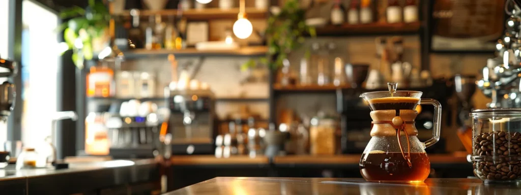 a sleek coffee shop interior showcases an elegant glass carafe dripping rich, aromatic espresso, surrounded by various coffee beans and brewing equipment, highlighting the intricate details that influence caffeine content and flavor.