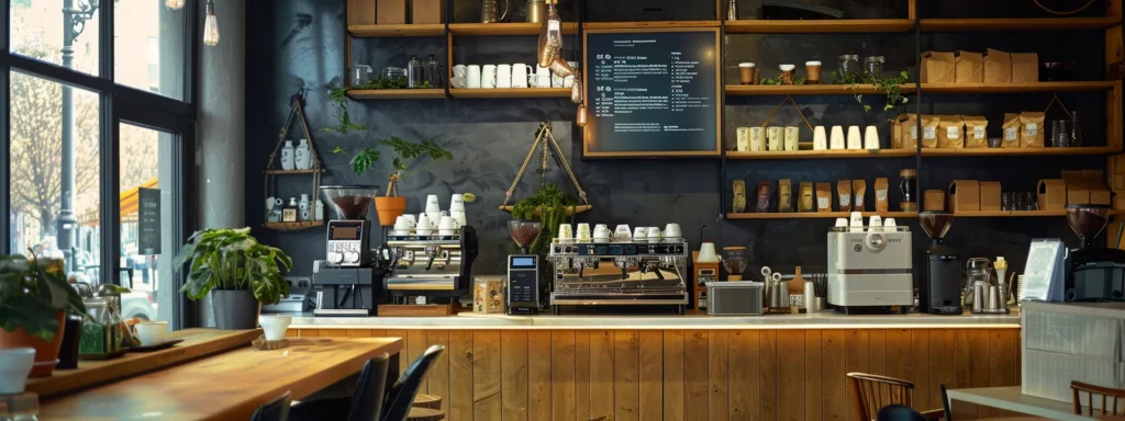 a sleek coffee shop interior features an elegant barista station showcasing a variety of coffee brewing equipment, where a digital display highlights caffeine intake recommendations alongside stylish coffee cups, creating a modern atmosphere for coffee enthusiasts to engage with their daily consumption.