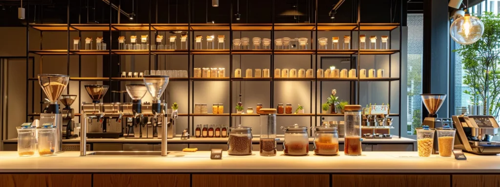 a sleek, modern coffee bar showcases an array of brewing methods - elegant drip coffee makers, sophisticated french press setups, and tall cold brew towers, all artfully arranged against a minimalist urban backdrop, highlighting the distinct artisanal approach to caffeine extraction.