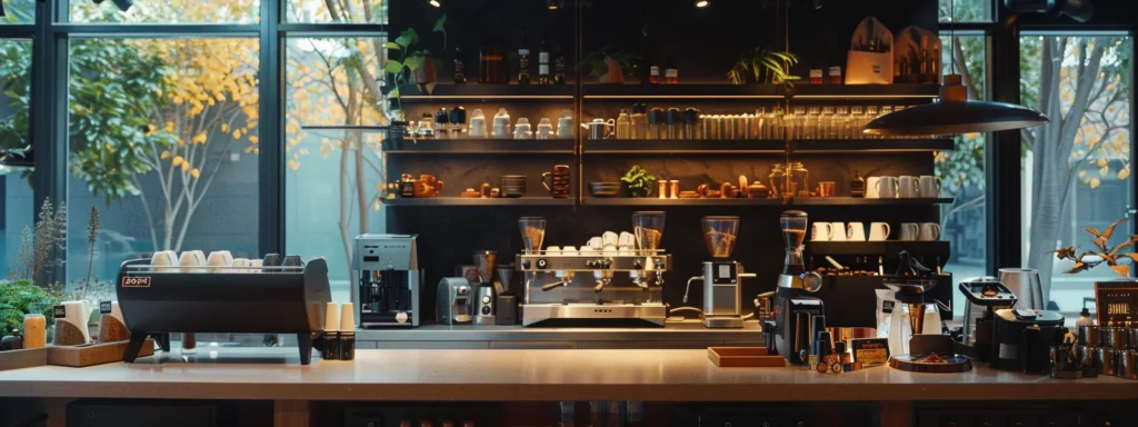 a sleek, modern coffee bar with an array of brewing equipment, showcasing rich, dark roasted coffee beans, vibrant espresso shots, and steaming cups, all set against a chic urban backdrop that emphasizes the diverse effects of caffeine on daily life.