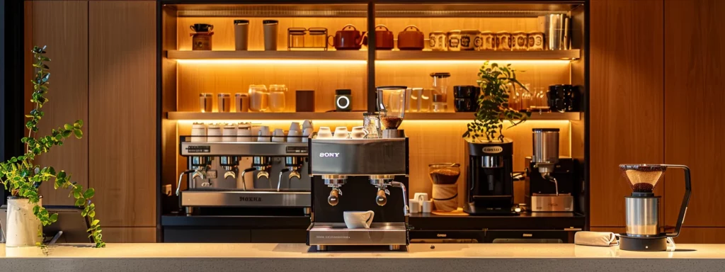 a sleek, modern coffee bar featuring an espresso machine with rich, frothy cappuccinos on display, illuminated by warm indoor lighting, capturing the essence of energy-boosting coffee culture and its health benefits.