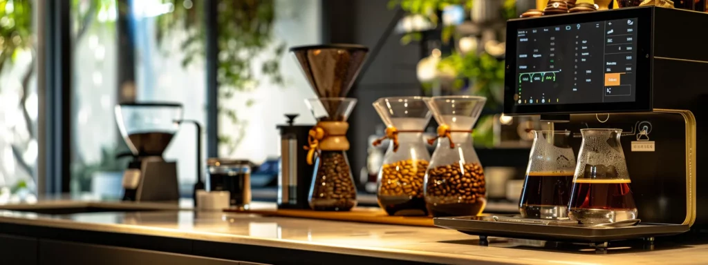 a sleek, modern coffee brewing station showcases various coffee beans and brewing equipment, with a digital display illustrating water temperature and extraction time, emphasizing the precision and science behind caffeine extraction.