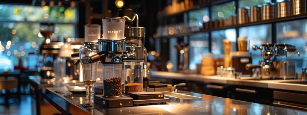 a sleek, modern coffee brewing station with a high-end espresso machine, precision scales, and various grind sizes displayed, illuminated by focused overhead lighting, captures the meticulous process influencing caffeine extraction in coffee.