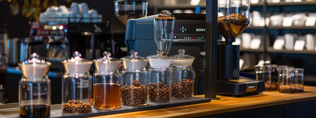 a sleek, modern coffee brewing station showcases various coffee bean types and brewing methods, emphasizing the intricate factors affecting caffeine content with vibrant, contrasting colors and sharp focus on the brewing equipment.