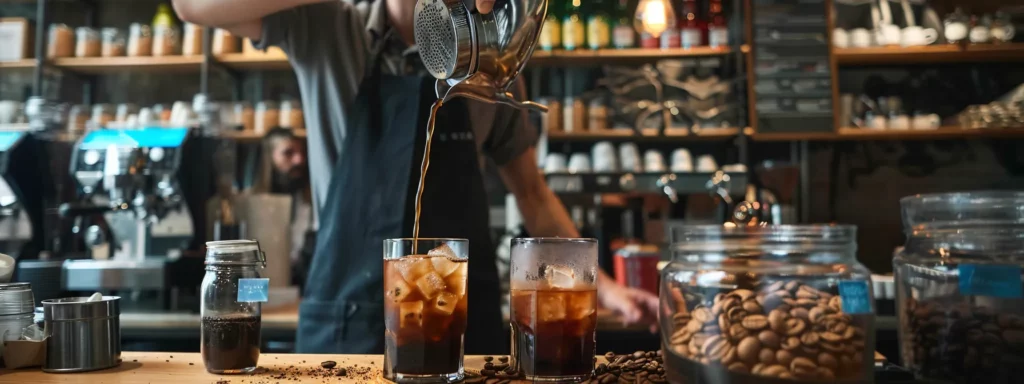 a sleek, modern coffee shop interior showcases a vibrant display of branded iced coffee drinks, each highlighted by bold labels, with a barista expertly pouring a rich, dark brew into a stylish glass, emphasizing the energizing allure of high-caffeine options for busy urban professionals.