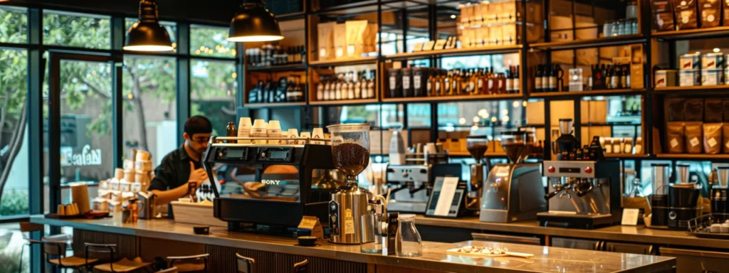 a sleek, modern coffee shop interior showcases a variety of coffee brewing equipment, with a prominently displayed selection of coffee beans, as a knowledgeable barista prepares different types of coffee, emphasizing the unique caffeine levels of each brew.