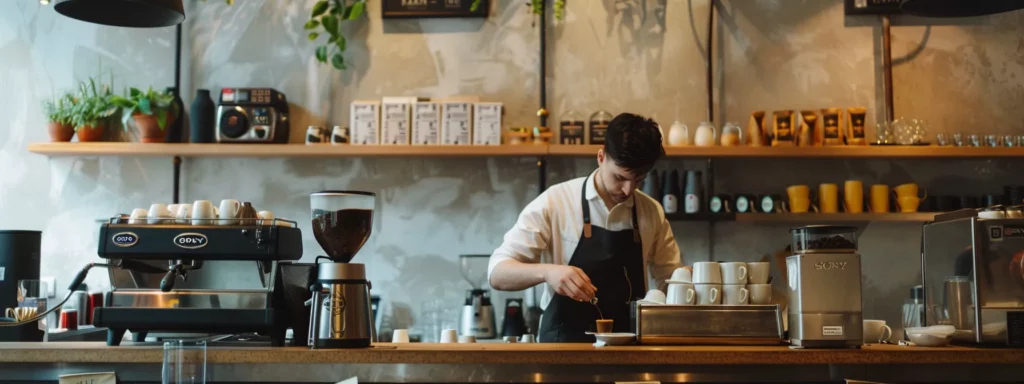 a sleek, modern coffee shop interior featuring a barista expertly measuring espresso shots against a backdrop of stylish cappuccino cups, emphasizing the distinct differences in caffeine content based on serving sizes.