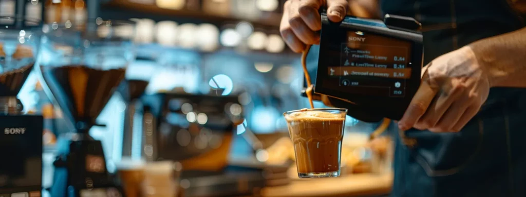 a sleek, modern coffee shop interior showcases a barista pouring freshly brewed coffee into an elegantly designed cup, with a digital display in the background highlighting caffeine content and coffee varieties.