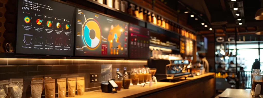 a sleek, modern coffee shop interior showcases an illuminated display board featuring vibrant charts and infographics contrasting caffeine content across popular coffee brands and teas, inviting patrons to explore their ideal brew.