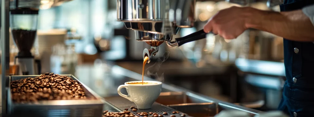 a sleek, modern coffee shop interior showcases a barista expertly brewing a cup of espresso, with vibrant coffee beans artfully arranged on a polished counter, emphasizing the intense richness of caffeine content.