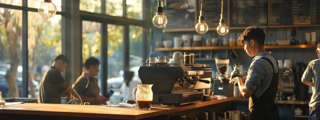a sleek, modern coffee shop interior buzzes with activity, showcasing a barista expertly brewing various coffee species while patrons engaged in lively discussions about caffeine content and health implications.