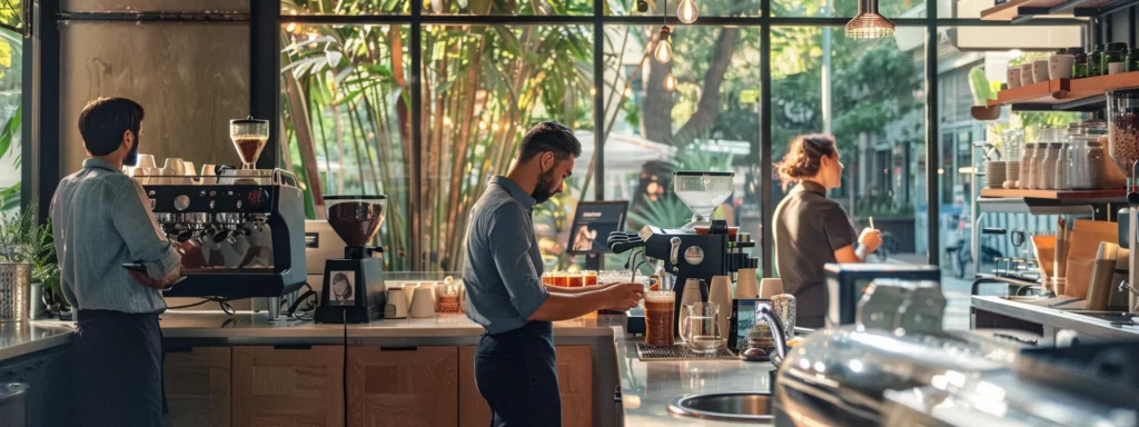a sleek, modern coffee shop interior showcases an array of coffee brewing methods, with a vibrant barista expertly preparing a rich espresso shot while customers engage in lively discussions over their contrasting coffee choices.