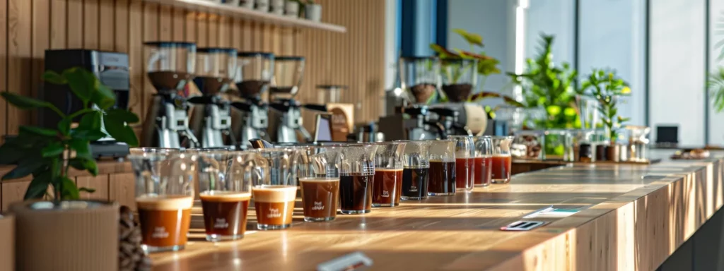 a sleek, modern coffee tasting station is set up in a professional office, showcasing various brewing methods and coffee types with a focus on elegantly presented cups of coffee, emphasizing the contrast between rich aromas and the absence of natural elements.