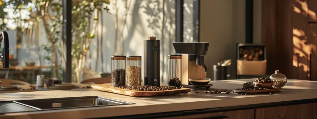 a sleek, modern kitchen countertop showcases a precision aeropress alongside an array of freshly roasted coffee beans and measuring tools, highlighting the meticulous brewing process that emphasizes flavor extraction and taste analysis.