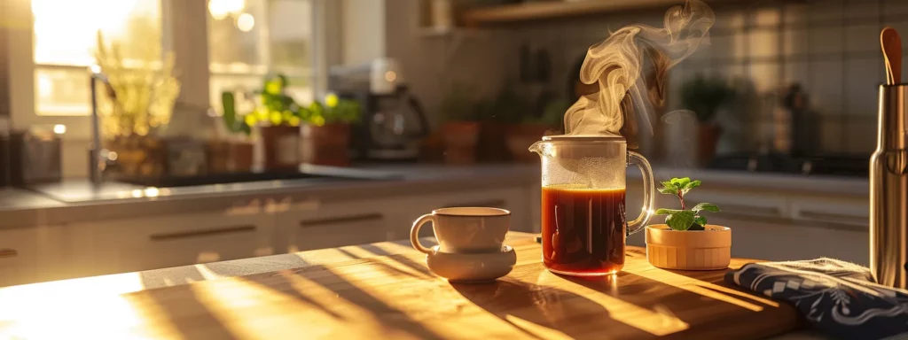 a sleek, modern kitchen countertop showcases a steaming cup of coffee brewed in a stylish french press, illuminated by soft, ambient lighting, emphasizing the theme of mindful caffeine consumption and its role in daily life.