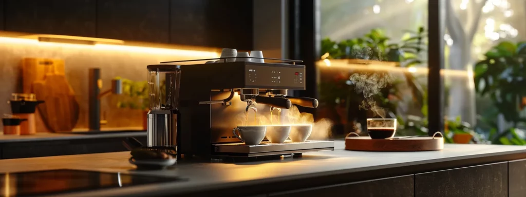 a sleek modern kitchen showcases a high-end espresso machine with steaming cups of freshly brewed coffee, illuminated by warm, inviting light, emphasizing the balance of energy and health benefits associated with a mindful coffee-drinking lifestyle.