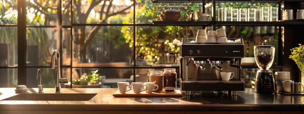 a sleek, modern kitchen showcases a coffee station with a meticulously arranged setup of a high-end espresso machine, artisanal coffee beans, and elegant mugs, all illuminated by warm, inviting lighting to emphasize a daily coffee ritual.
