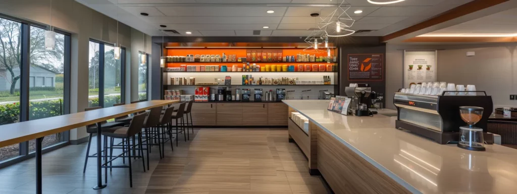 a sleek, modern office break room features a polished coffee station with various coffee types displayed prominently, alongside informational graphics debunking common caffeine myths, under warm, inviting lighting that encourages lively discussion.
