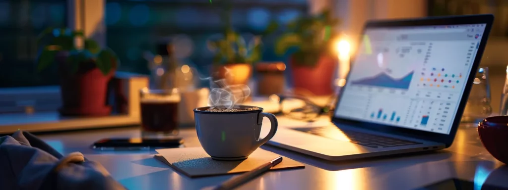 a sleek modern office desk is illuminated by warm artificial lighting, featuring a steaming cup of coffee beside an open laptop displaying data charts and graphs, symbolizing the dynamic relationship between caffeine consumption and daily energy levels.