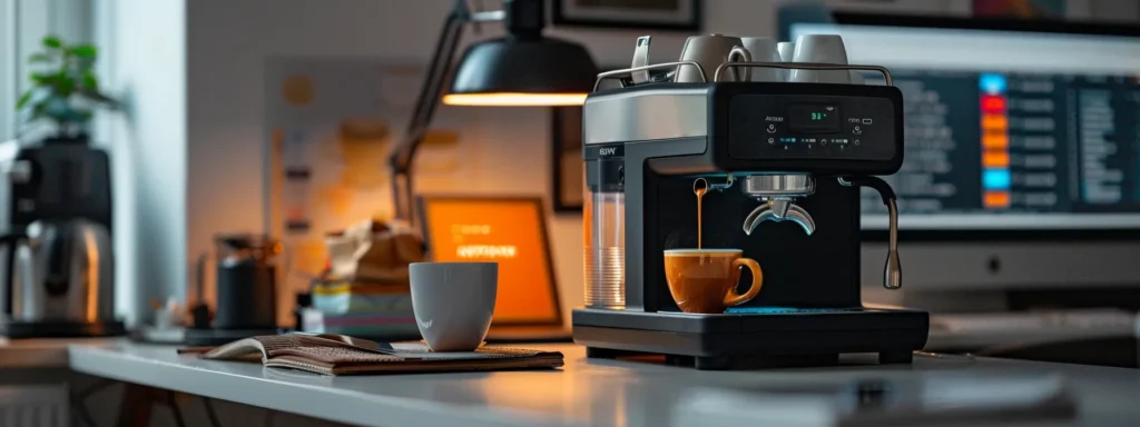 a sleek modern office desk is prominently displayed, featuring a sophisticated coffee machine steaming freshly brewed espresso, with an elegant mug beside it, and a vibrant infographic on caffeine content pinned in the background.