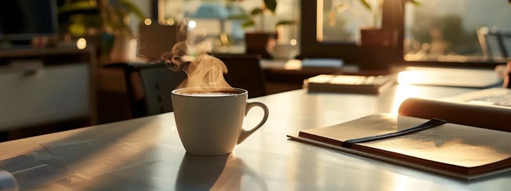 a sleek modern office setting features a polished desk with a steaming cup of coffee next to an open journal, illustrating the contrasting effects of caffeine on productivity and mental health amidst an atmosphere of focused contemplation.