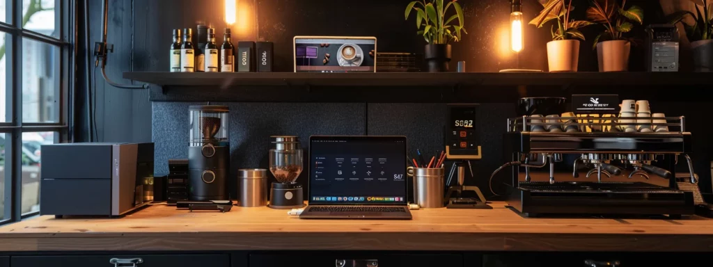 a sleek, modern office workspace featuring a stylish coffee station adorned with various coffee tools and an open laptop displaying a caffeine tracking app, illuminated by warm interior lighting that emphasizes a productive yet inviting atmosphere.