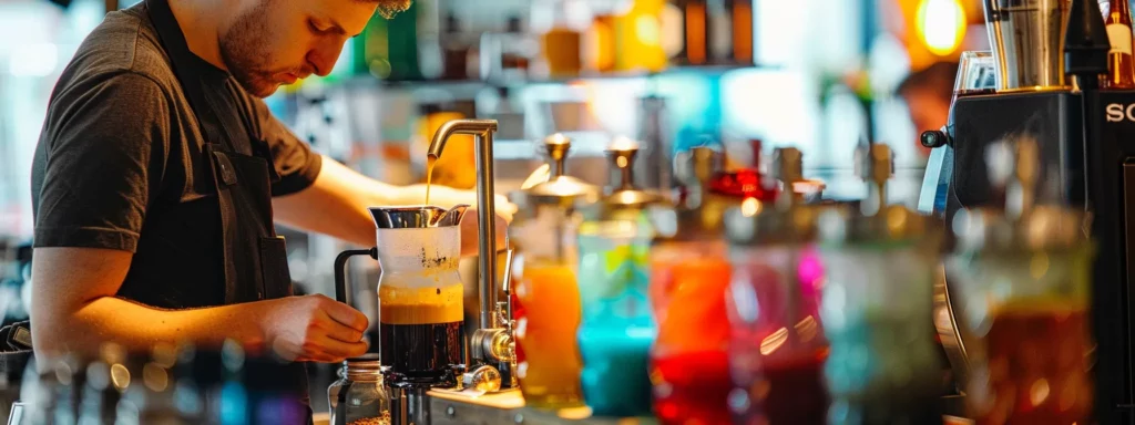a vibrant coffee bar scene showcases a barista expertly preparing a rich french press coffee, with a backdrop of colorful flavored syrups and alternative milk containers, highlighting the intricate role of additives in coffee's caffeine levels.