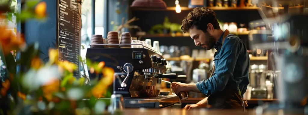a vibrant coffee shop interior showcases a focused barista expertly operating an espresso machine, surrounded by polished equipment and a busy counter, highlighting the hustle of overcoming common challenges in coffee preparation.