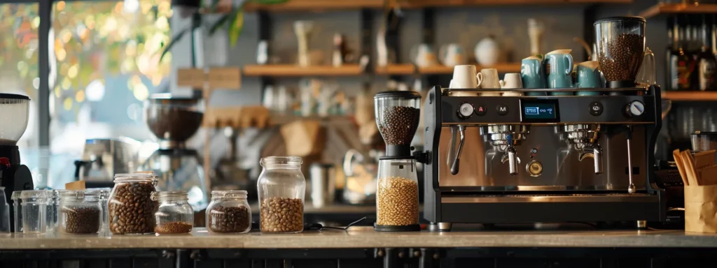 an inviting coffee bar setting featuring a sleek espresso machine, various coffee beans in glass jars, and steaming mugs, emphasizing the rich diversity of caffeine levels across different brewing methods.