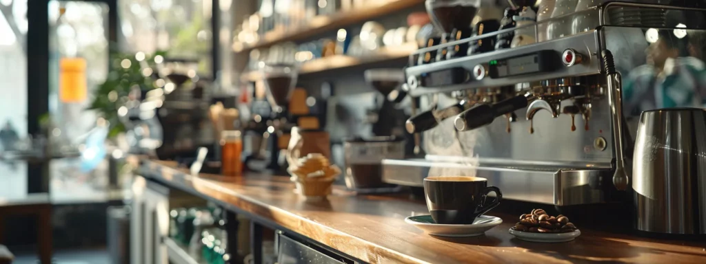 an inviting coffee shop interior showcases various coffee types, with a rich, dark brew steaming in a ceramic cup beside a sleek espresso machine, highlighting the vibrant diversity of caffeine options in a modern urban setting.