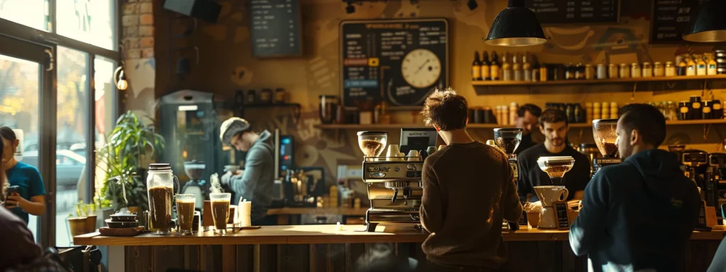 a cozy coffeehouse interior, featuring a barista skillfully pouring a latte amidst patrons engaged in focused discussions about caffeine sensitivity, with warm lighting and a blend of modern and rustic décor reflecting a vibrant coffee culture.