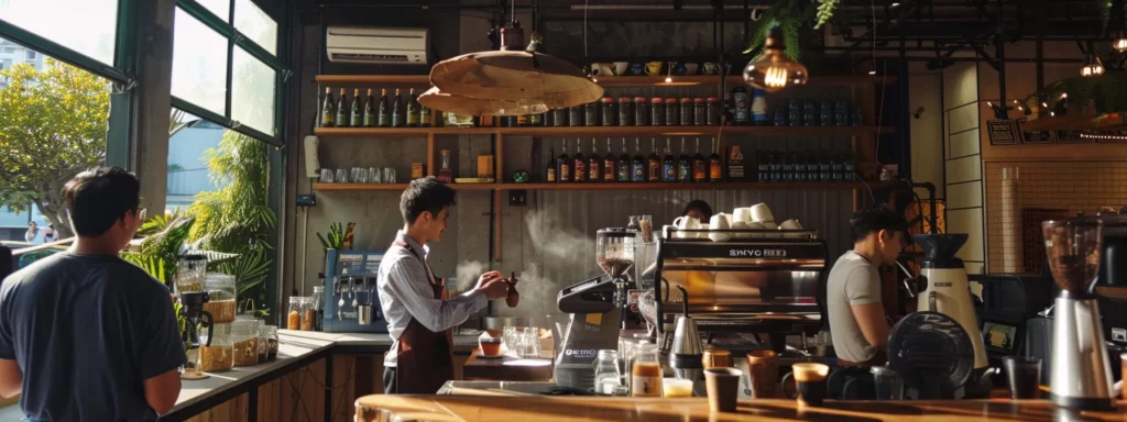 a cozy, modern café interior showcases a knowledgeable barista enthusiastically explaining caffeine content to a group of engaged customers, with polished wooden surfaces and expertly crafted cups of steaming coffee creating an inviting atmosphere.