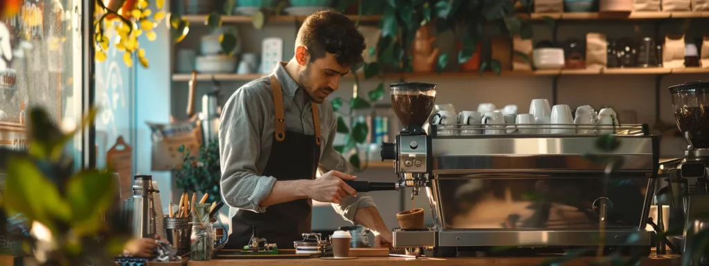 a focused barista skillfully operates a sleek espresso machine in a modern café, surrounded by tools and supplies, showcasing the artistry of brewing the perfect shot of espresso amid a vibrant urban setting.