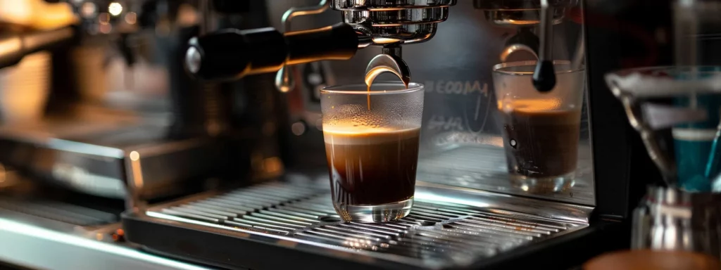 a professional barista skillfully crafts a perfect espresso shot, featuring a sleek espresso machine surrounded by an array of meticulously arranged coffee tools and vibrant latte art, all set in a modern, illuminated café environment.