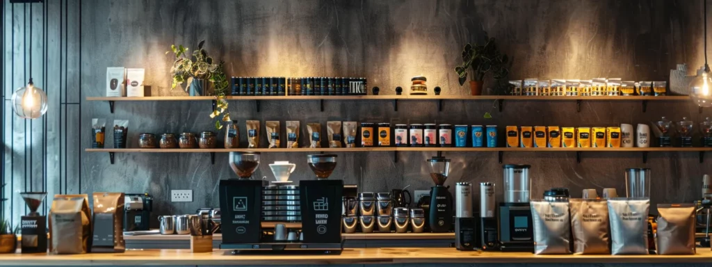 a sleek, modern coffee brewing station in a stylish urban café, meticulously arranged to showcase a variety of commercial coffee brands, each with distinctive packaging, highlighting the precise balance of acidity and flavor that caters to diverse consumer preferences.